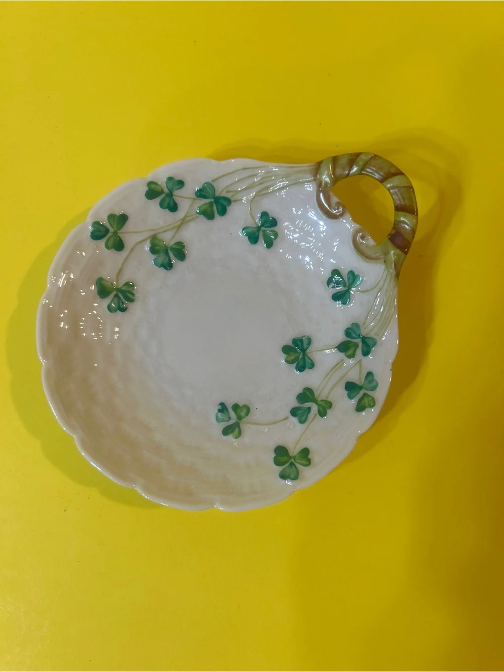 Set of 3 Belleek Shamrock Handled Butter Server Green Mark Spoon Rest - Candy